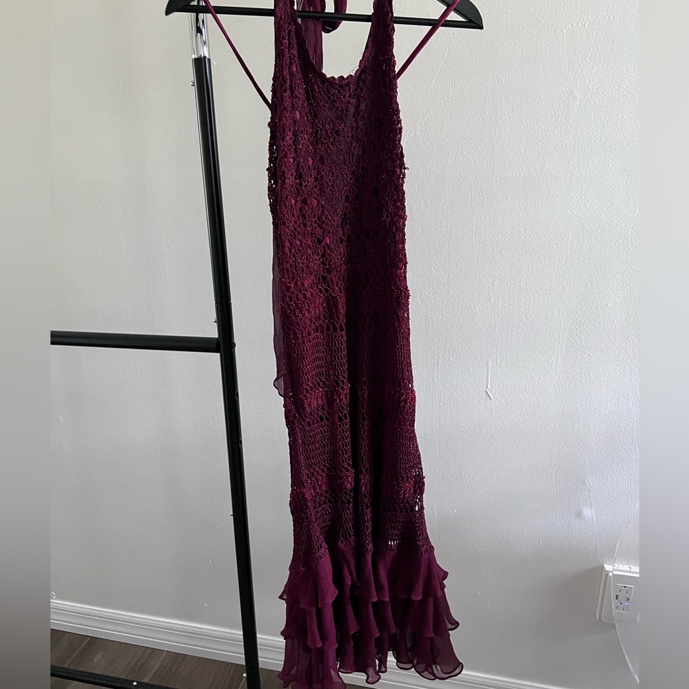 SueWong Beaded Fringe Tasseled Swing Dress Red Crochet